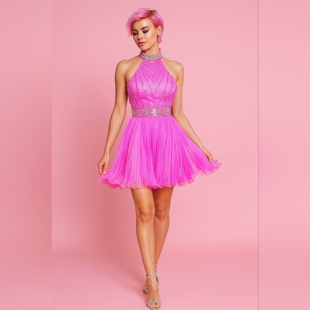 Women's Hot Pink pleated halter dress. Size 8. Marilyn Monroe Style